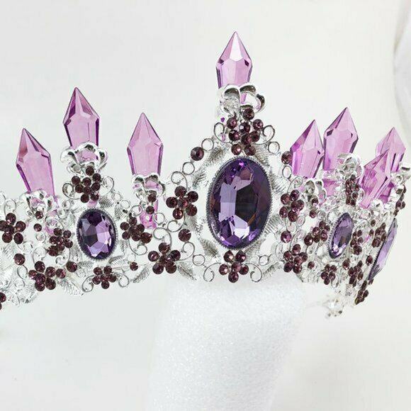 Clear Purple Resin Quartz Silver Tone Crown Tiara + Matching Earrings Set NEW - Picture 8 of 8